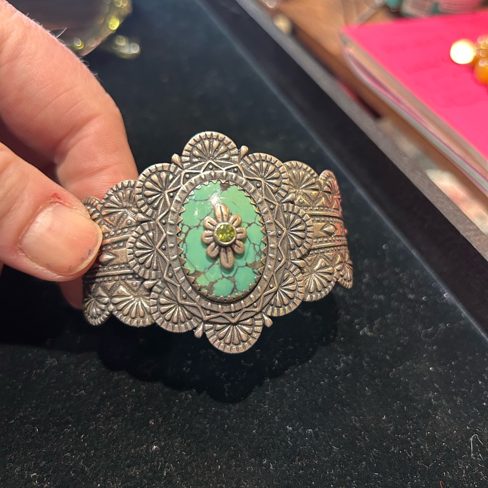 Green and Silver Filigree Cuff Bracelet